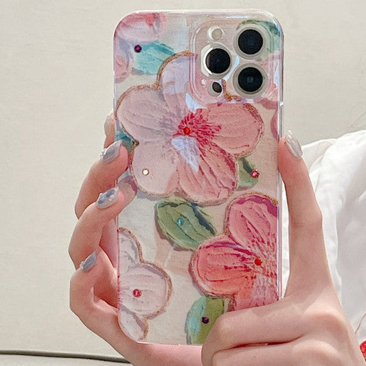 Fleur rose de peinture à l'huile de diamant de scintillement compatible avec le cas d'iPhone