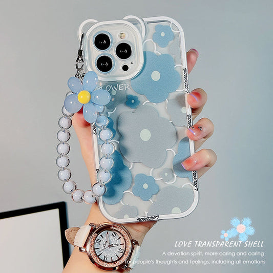 Cute 3D Bear Ear Flower Bead Chain Transparent iPhone Case
