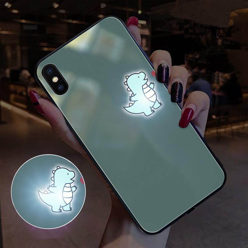 Cartoon Couples Dinosaur Light Up Remind Incoming Call Tempered Glass iPhone Case