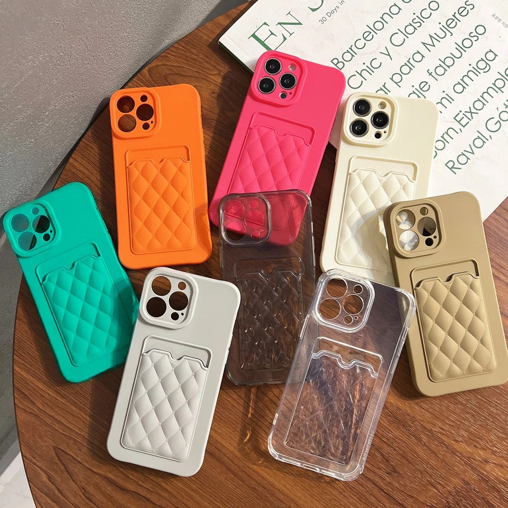 Diamond Lattice Pattern Wallet Card Slot Holder Compatible with iPhone Case