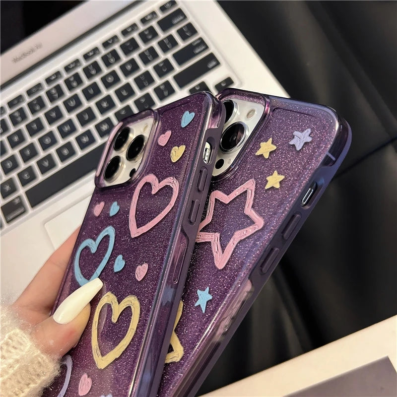 Lindo brillo estrella amor corazón púrpura silicona a prueba de golpes compatible con iPhone Case