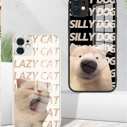 Chat mignon dessin animé chien miroir verre couple Coque et skin adhésive iPhone