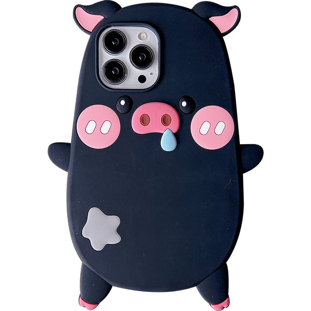 3D Cartoon Funny Black Pink Pig Silicone iPhone Case