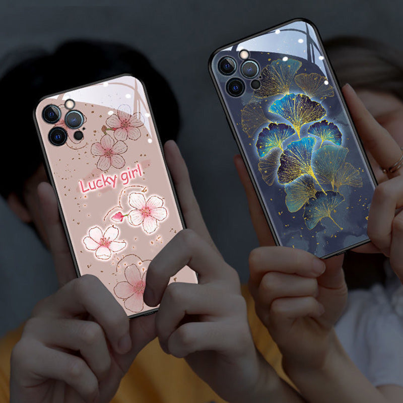 Advanced Fashion Ginkgo Flower Light Up Remind Incoming Call Tempered Glass iPhone Case