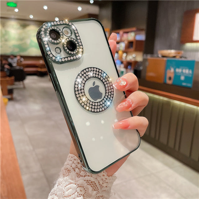 Luxury Plating Shining Rhinestone Logo View Soft Shockproof Clear Compatible with iPhone Case