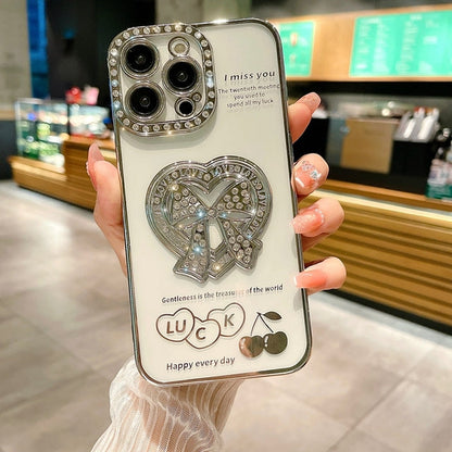 Carcasa de lujo con corazón de amor y lazo chapado en diamantes transparente compatible con iPhone