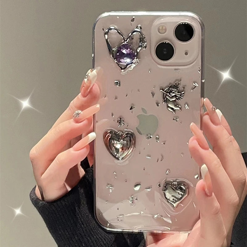 Retro Shining Cupid Love Heart Glitter 3D Transparent Soft Compatible with iPhone Case