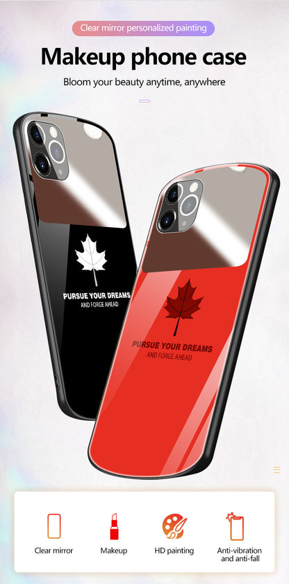 Luxury Cute Oval Maple Leaf Tempered Glass iPhone Case Mirror Cover