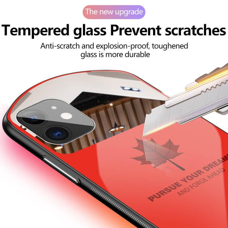 Coque iPhone en verre trempé feuille d'érable ovale mignonne de luxe
