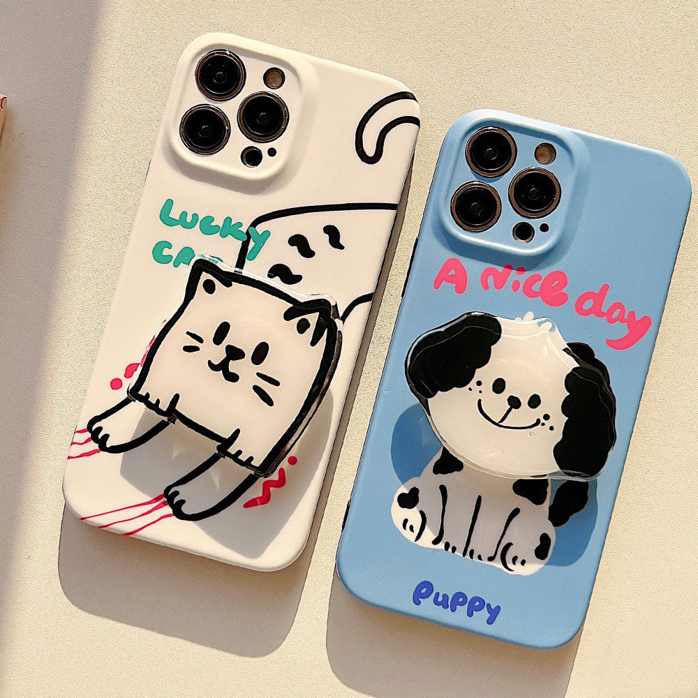 Cute Puppy Lucky Cat Srand Holder iPhone Case Back Cover