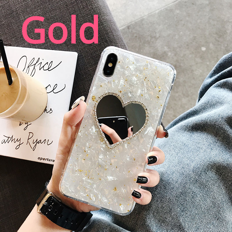 Love Shape Rhinestone Selfie Mirror Shell Glitter Soft iPhone Case