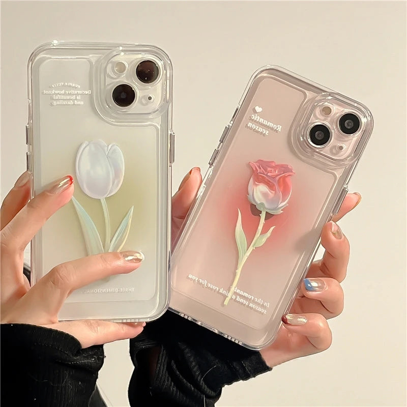 Moda tulipán rosa flor suave a prueba de golpes compatible con funda para iPhone
