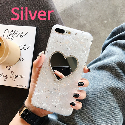Funda para iPhone Love Shape Rhinestone Selfie Mirror Shell Glitter Soft