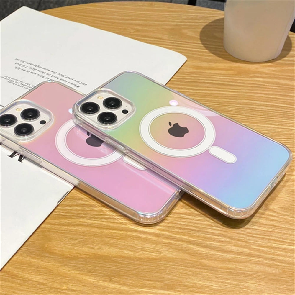 Arco iris transparente con degradado láser para carga inalámbrica magnética Magsafe compatible con funda para iPhone