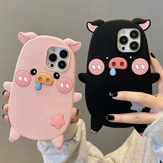 Vinilo o funda para iPhone de silicona de cerdo rosa negro divertido de dibujos animados en 3D