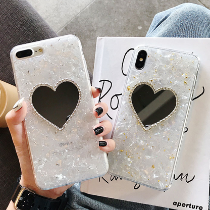 Love Shape Rhinestone Selfie Mirror Shell Glitter Soft iPhone Case