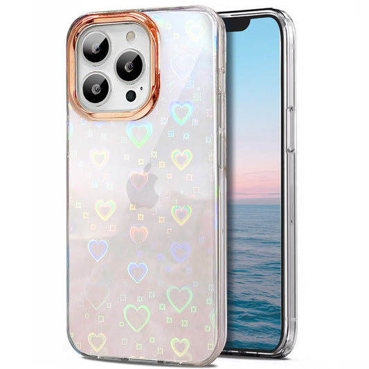 Laser Glitter Bling Love Heart iPhone Case Gold Plating Lens Protection Hard Shockproof Case