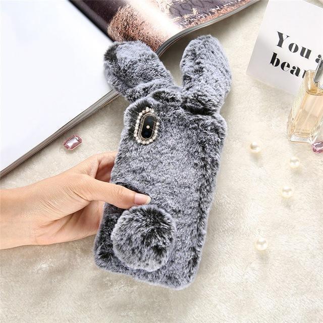 Diamond Lens Protective Case Rabbit Hair Fluffy Fur Plush Coque et skin iPhone