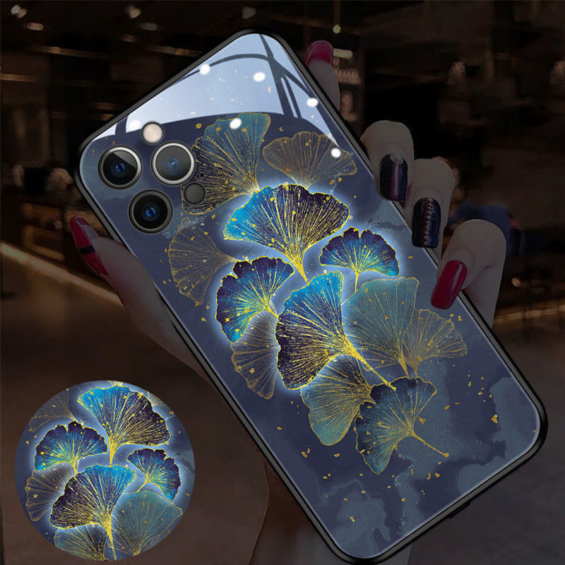 Advanced Fashion Ginkgo Flower Light Up Remind Incoming Call Tempered Glass iPhone Case
