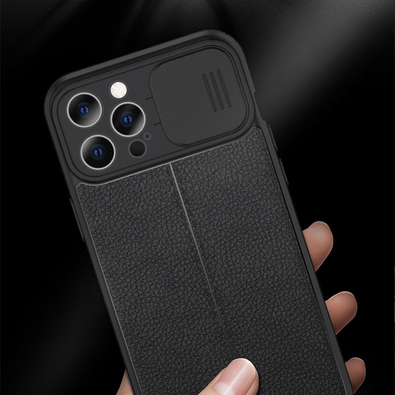 Funda de cuero para iPhone con protector de lente de cámara deslizante