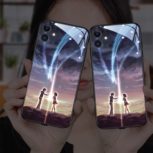 Cartoon Aurora Couple Light Up Remind Incoming Call Temne Capered Glass iPhone Case